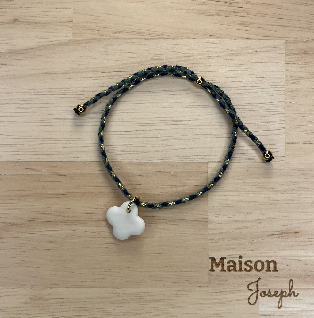 Bracelet Tressé Réglable Vert Céramique Blanche