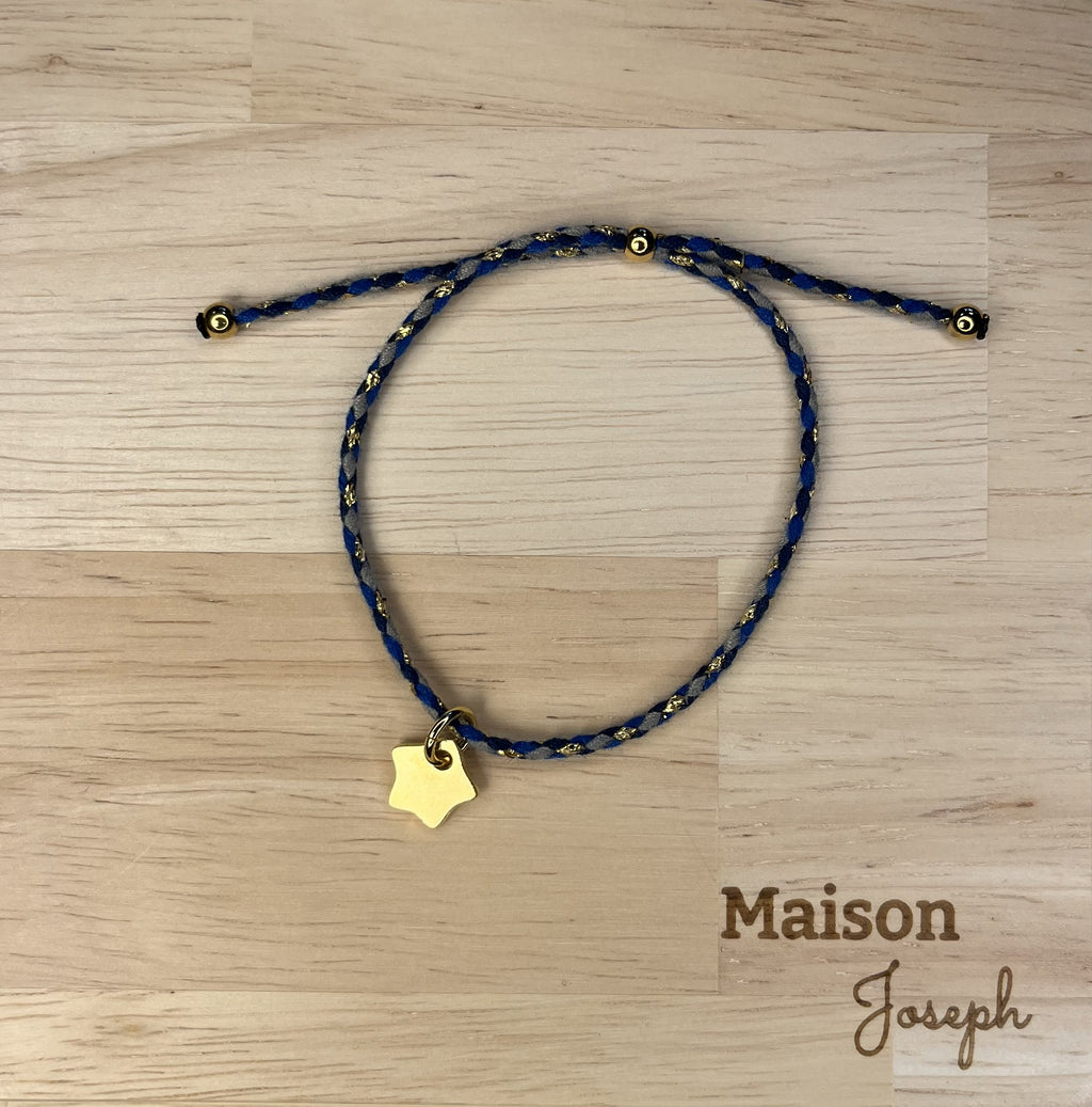 Bracelet Tressé Réglable Bleu Plaqué Or