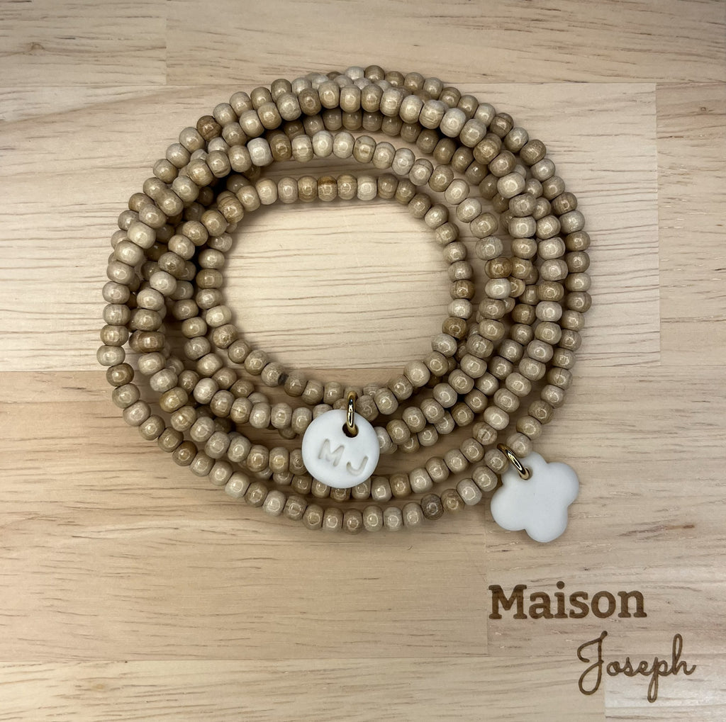 Multi-Tour Perle Bois Céramique Blanche