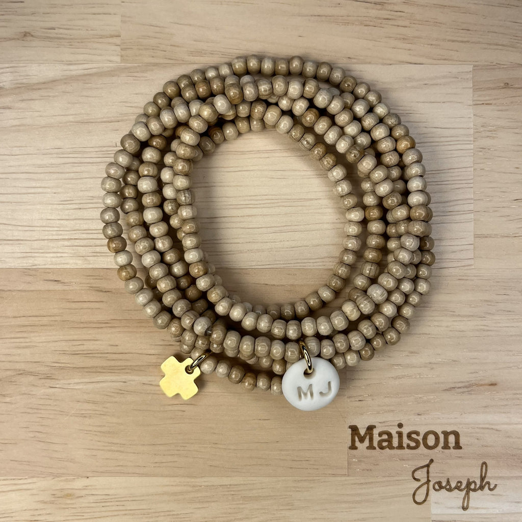 Multi-Tour Perle Bois Plaqué Or Céramique Blanche