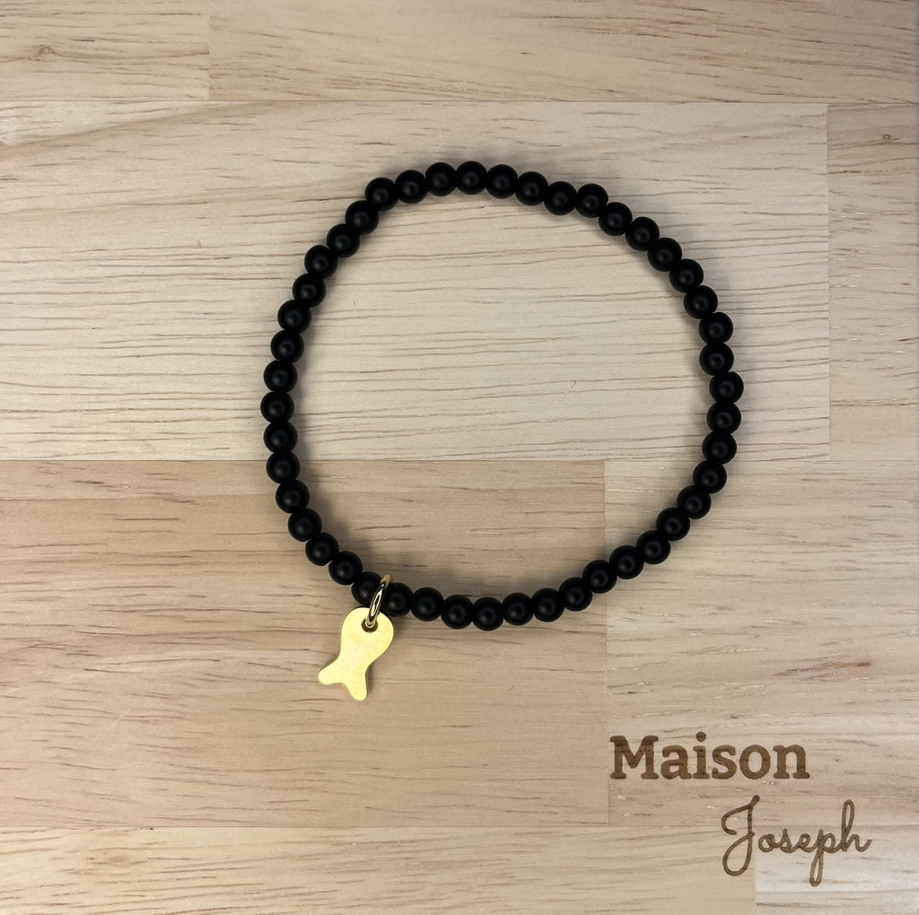 Bracelet Perle Agate Noire Plaqué Or