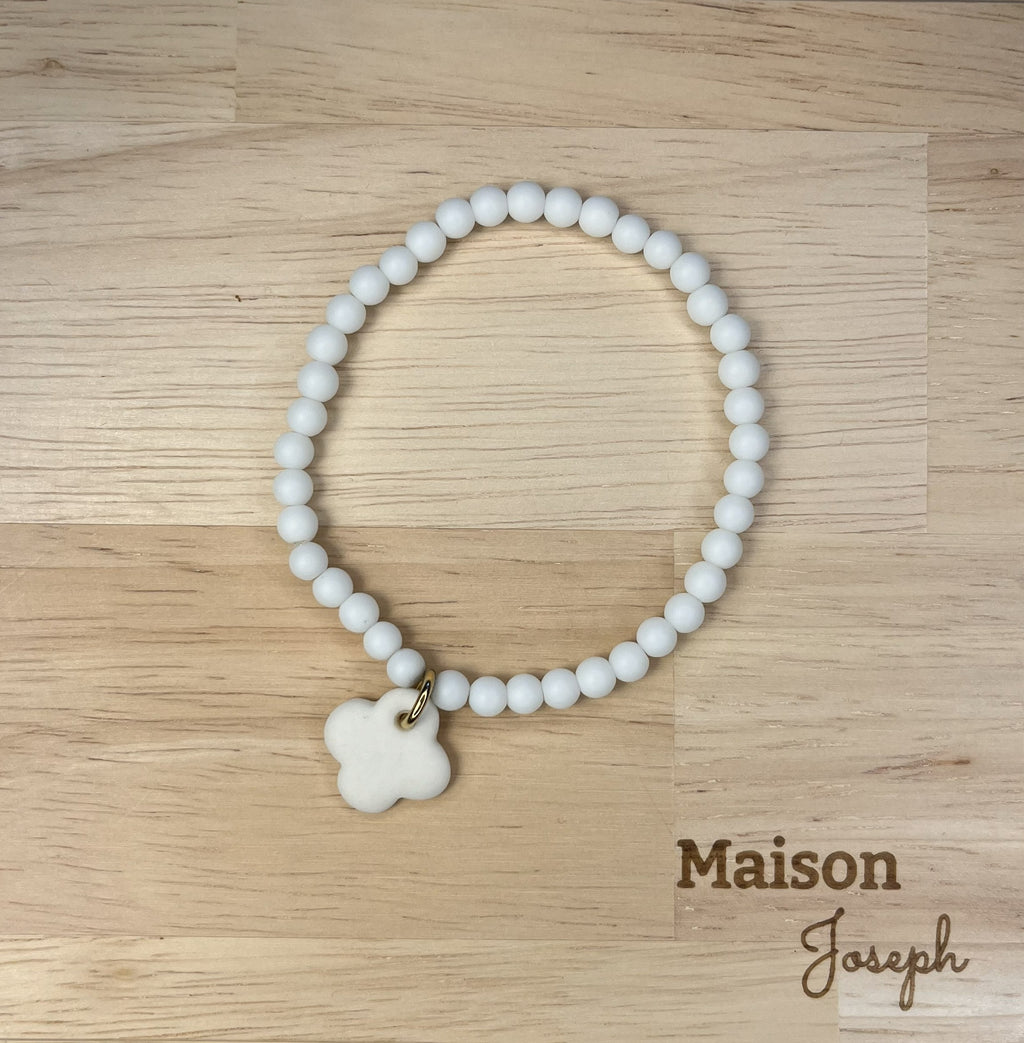 Bracelet Perle Agate Blanche Céramique Blanche