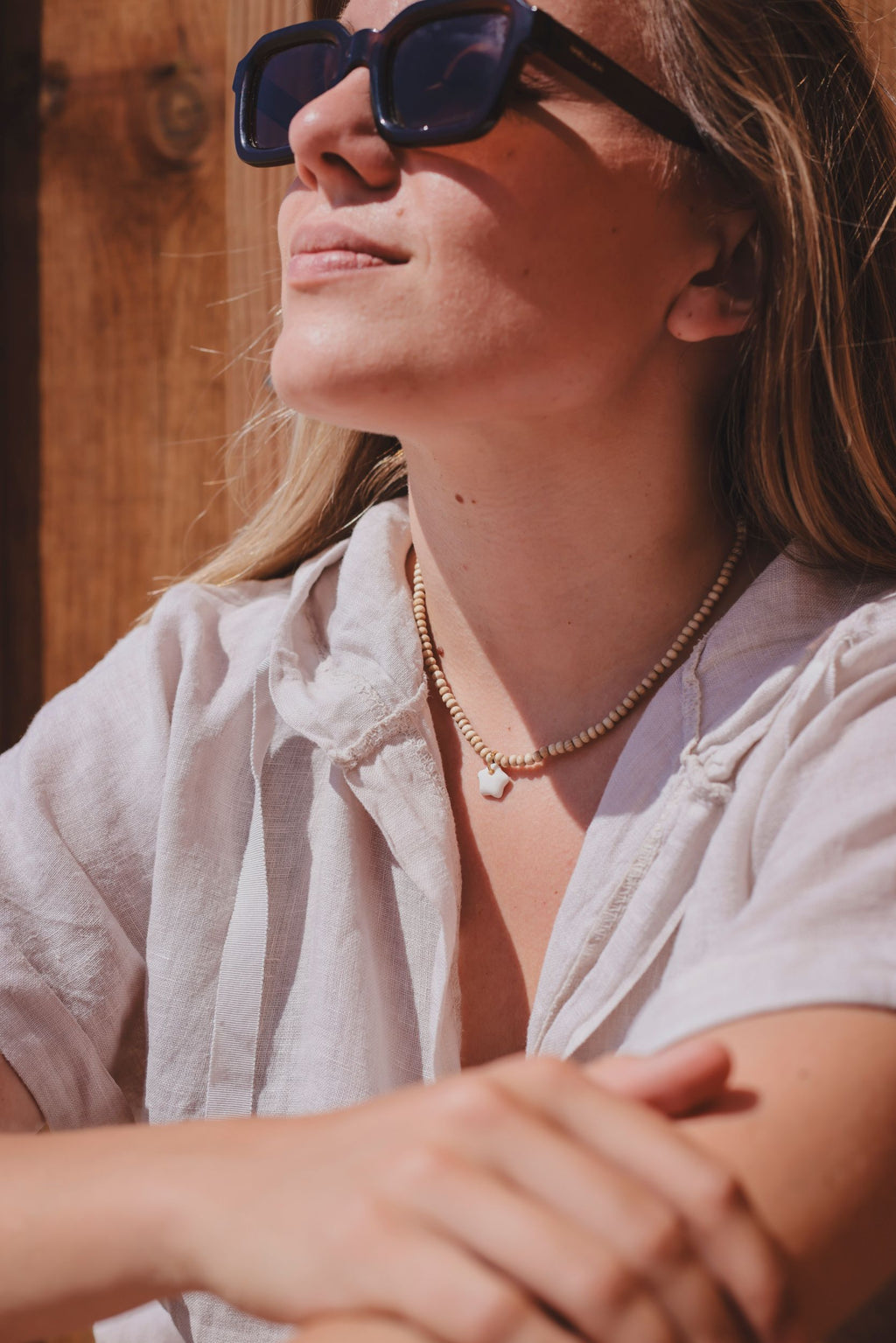 Collier Perle Bois Céramique Blanche